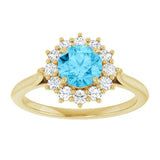 Round Aquamarine & Diamond Halo Ring in Gold and Platinum