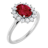 Oval Lab-Grown Ruby Halo Ring with Diamond Accents in Gold