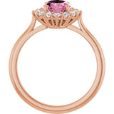 Oval Pink Tourmaline & Diamond Halo Ring in Gold and Platinum