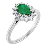 Oval Lab-Grown Emerald & Diamond Halo Ring in Gold and Platinum