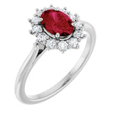 Oval Lab-Grown Ruby & Diamond Halo Ring in Gold and Platinum