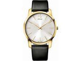 Calvin Klein Men's Watch – Gold-Plated Case, Silver Dial & Black Leather Strap