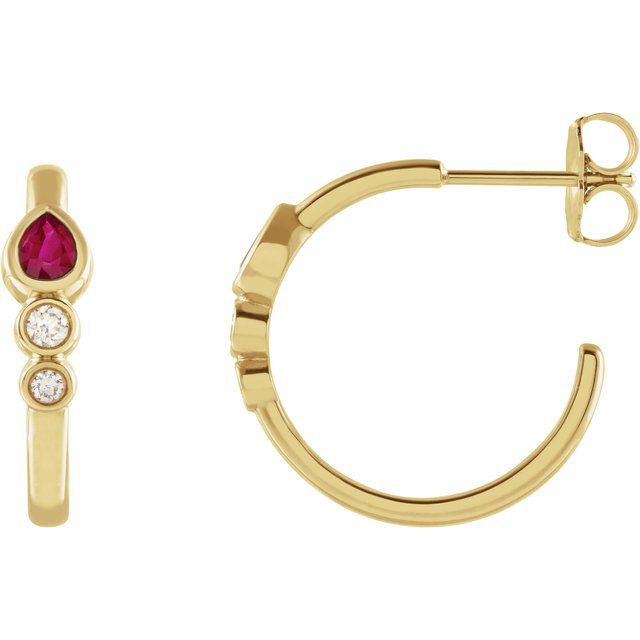 Ruby & Diamond Pear Bezel-Set Hoop Earrings in Gold and Platinum