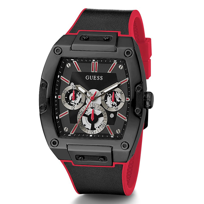 Guess Men's Red Silicone Strap Watch 44mm, Black Multi-Function Dial