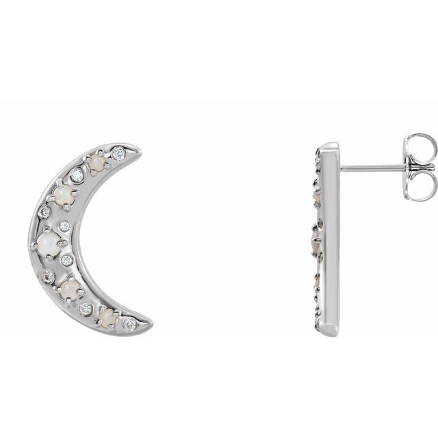 White Opal & Diamond Round Stud Earrings in Gold and Platinum