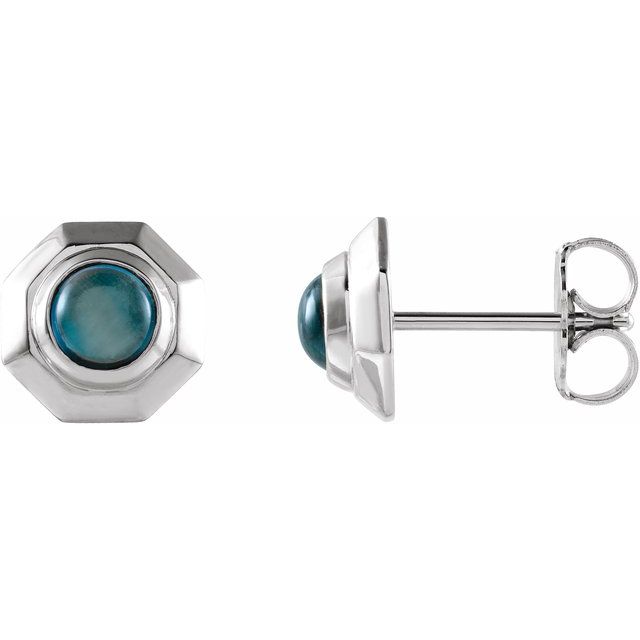 London Blue Topaz Round Geometric Stud Earrings in Gold and Platinum