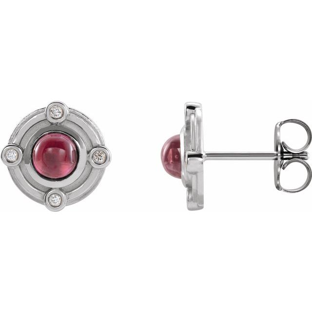Rhodolite Garnet & Diamond Round Stud Earrings in Gold and Platinum