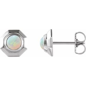 White Opal Round Geometric Stud Earrings in Gold and Platinum