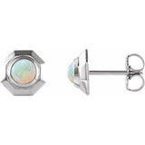 White Opal Round Geometric Stud Earrings in Gold and Platinum