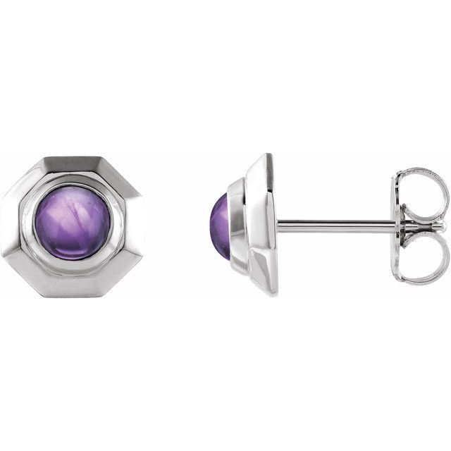Amethyst Round Geometric Stud Earrings in Gold and Platinum