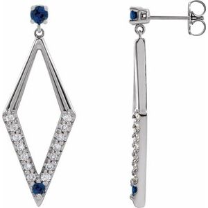 Blue Sapphire & Diamond Round Geometric Stud Earrings in Gold and Platinum