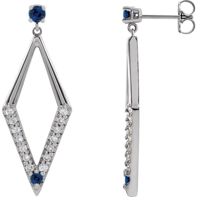 Blue Sapphire & Diamond Round Geometric Stud Earrings in Gold and Platinum