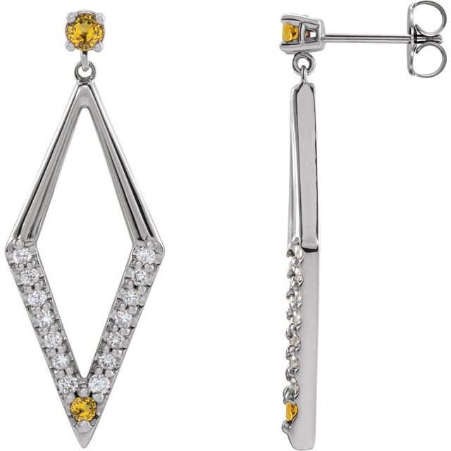 Yellow Sapphire & Diamond Round Geometric Stud Earrings in Gold and Platinum