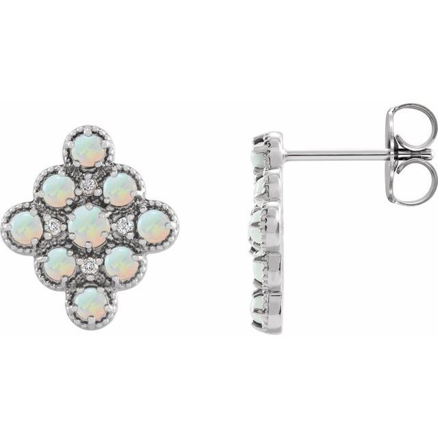 Ethiopian Opal & Diamond Round Geometric Stud Earrings in Gold and Platinum