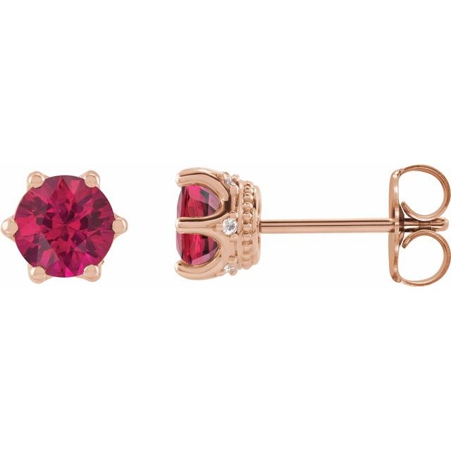 Ruby & Diamond Round Crown Stud Earrings in Gold and Platinum