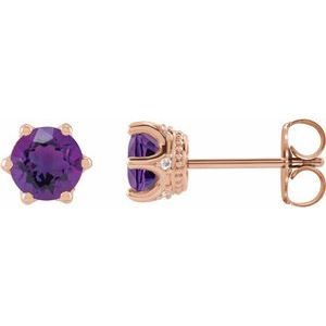 Amethyst & Diamond Round Crown Stud Earrings in Gold and Platinum