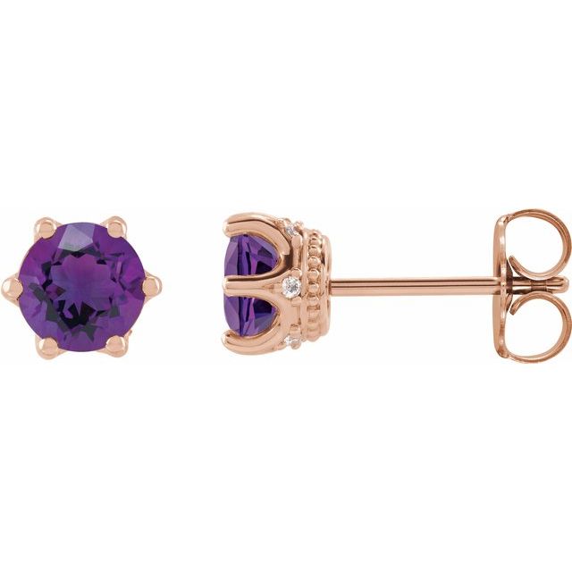 Amethyst & Diamond Round Crown Stud Earrings in Gold and Platinum
