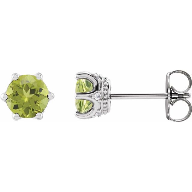 Peridot & Diamond Round Crown Stud Earrings in Gold and Platinum