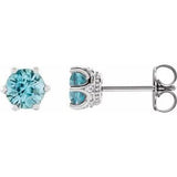 Blue Zircon & Diamond Round Crown Stud Earrings in Gold and Platinum