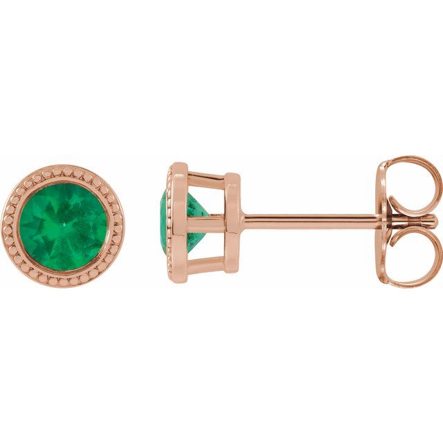 Emerald Round Bezel-Set Stud Earrings in Gold and Platinum