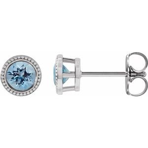 Aquamarine Round Bezel-Set Stud Earrings in Gold and Platinum