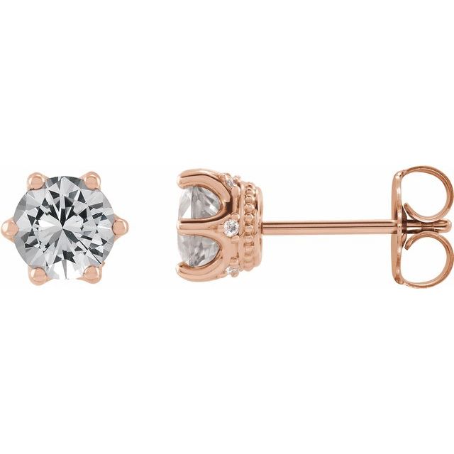 White Sapphire & Diamond Round Crown Stud Earrings in Gold and Platinum
