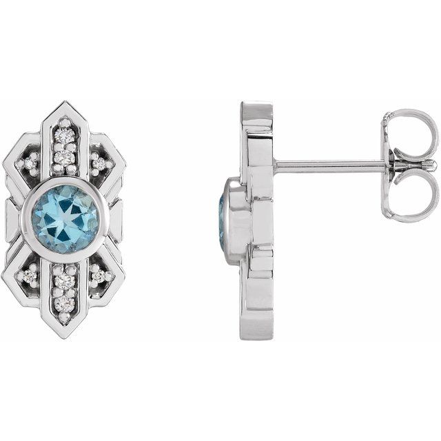Aquamarine & Diamond Round Stud Earrings in Gold and Platinum