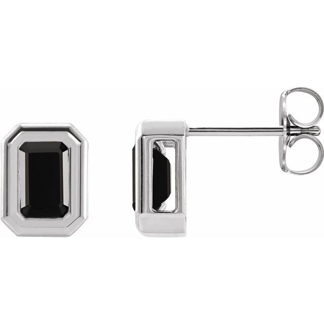 Black Onyx Emerald Solitaire Stud Earrings in Gold and Platinum