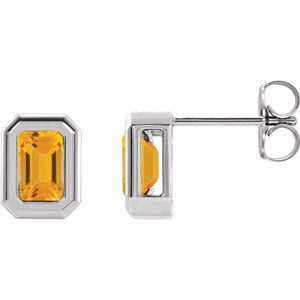 Citrine Emerald Solitaire Stud Earrings in Gold and Platinum