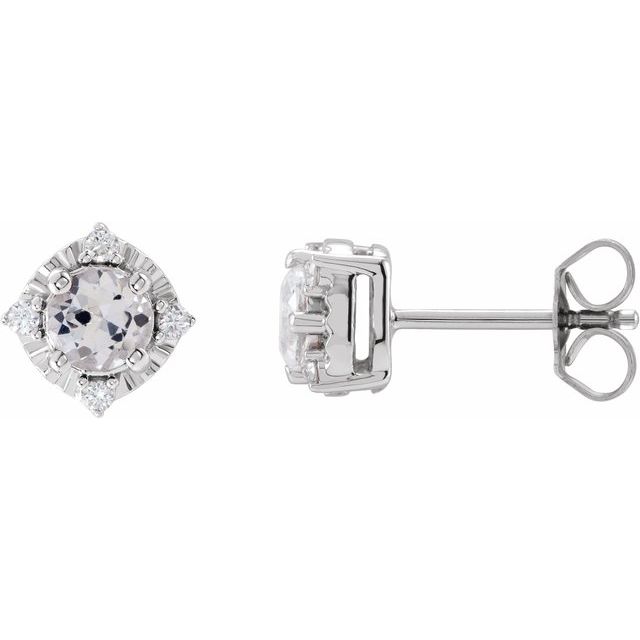 White Sapphire & Diamond Round Halo Stud Earrings in Gold and Platinum