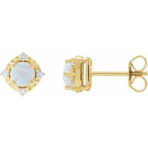 White Opal & Diamond Round Halo Stud Earrings in Gold and Platinum