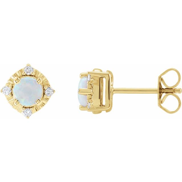 White Opal & Diamond Round Halo Stud Earrings in Gold and Platinum