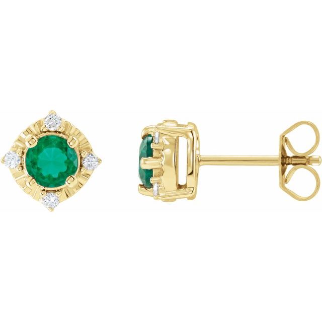 Emerald & Diamond Round Halo Stud Earrings in Gold and Platinum