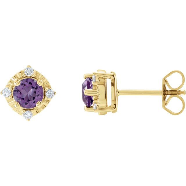 Amethyst & Diamond Round Halo Stud Earrings in Gold and Platinum