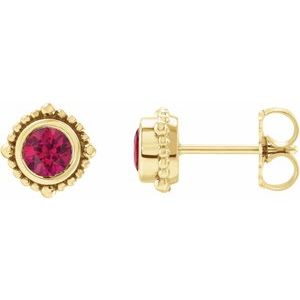 Ruby Round Halo Stud Earrings in Gold and Platinum