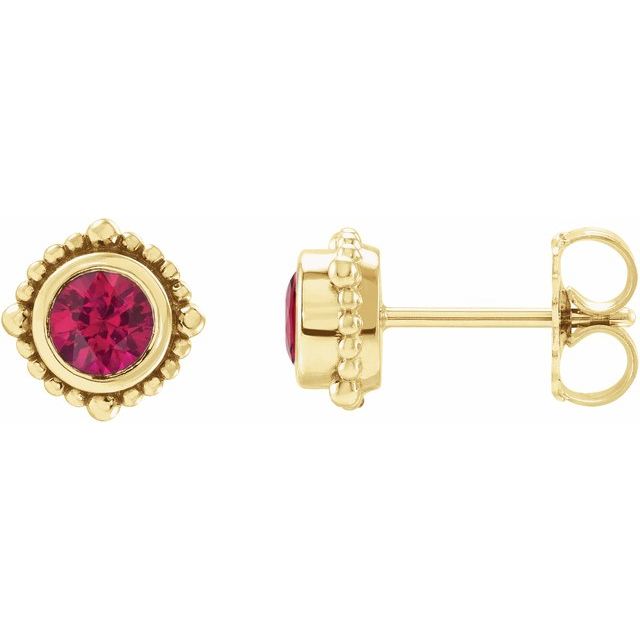 Ruby Round Halo Stud Earrings in Gold and Platinum