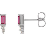 Pink Tourmaline & Diamond Baguette Bar Earrings in Gold and Platinum