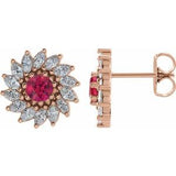 Ruby & Diamond Round Halo Stud Earrings in Gold and Platinum