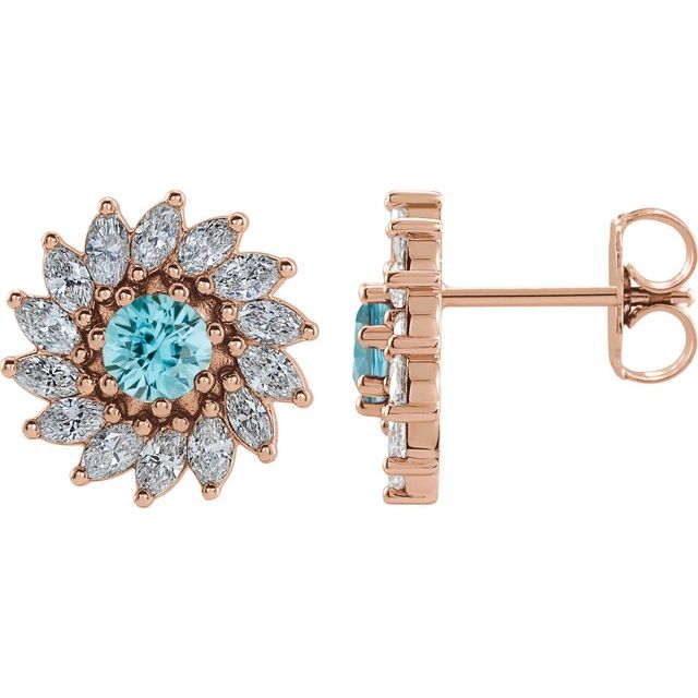 Blue Zircon & Diamond Round Halo Stud Earrings in Gold and Platinum