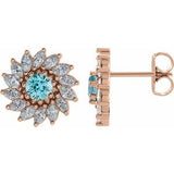 Blue Zircon & Diamond Round Halo Stud Earrings in Gold and Platinum