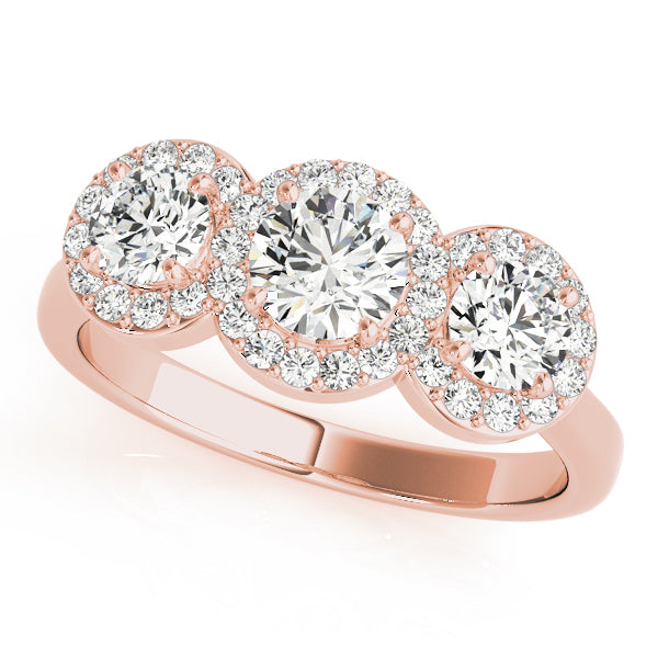 3 Stone Round Brilliant Shape Halo Diamond Engagement Ring Plain Band