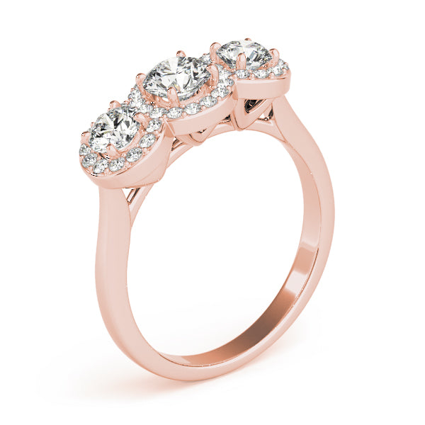 3 Stone Round Brilliant Shape Halo Diamond Engagement Ring Plain Band
