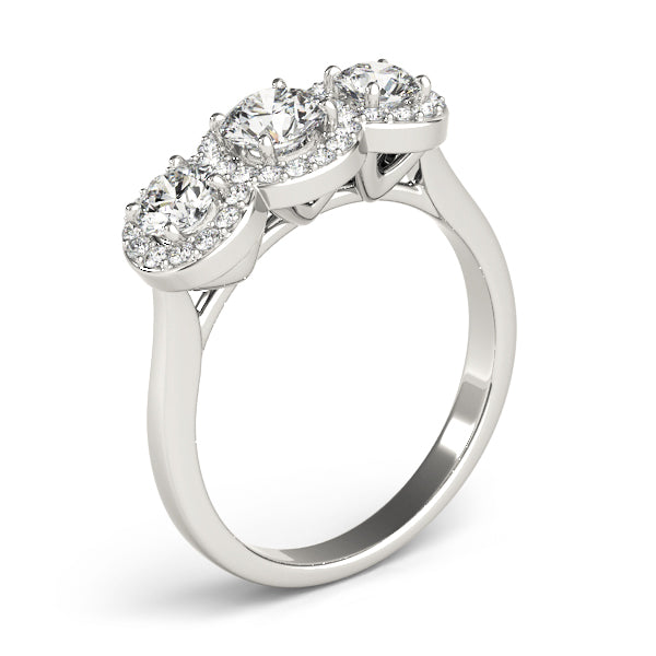 3 Stone Round Brilliant Shape Halo Diamond Engagement Ring Plain Band