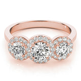 3 Stone Round Brilliant Shape Halo Diamond Engagement Ring Plain Band in Rose Gold