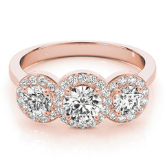 3 Stone Round Brilliant Shape Halo Diamond Engagement Ring Plain Band in Rose Gold