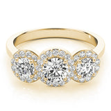 3 Stone Round Brilliant Shape Halo Diamond Engagement Ring Plain Band in Yellow Gold