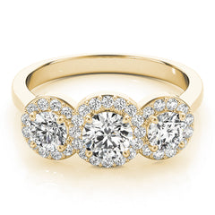 3 Stone Round Brilliant Shape Halo Diamond Engagement Ring Plain Band in Yellow Gold