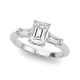 Celestial Three-Stone Ring Center Taper Baquette Sides Emerald Diamond Engagement Ring — 9K/18K Gold & Platinum