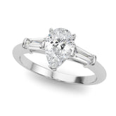 Crowned Three-Stone Ring Center Taper Baguette Sides Pear Diamond Engagement Ring — 9K/18K Gold & Platinum
