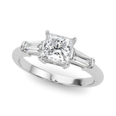 Graceful Three-Stone Ring Center Taper Bagutte Sides Princess Diamond Engagement Ring — 9K/18K Gold & Platinum